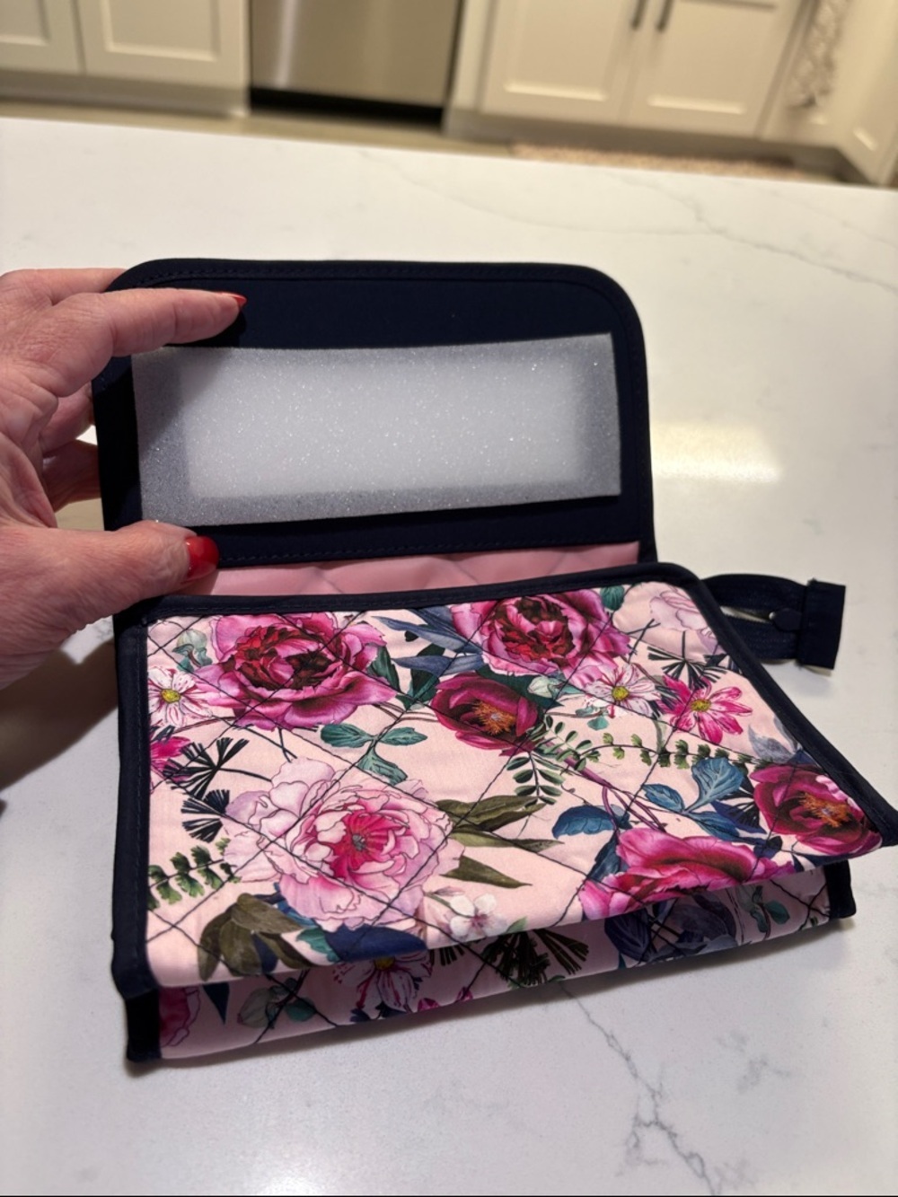 Floral Quilted Foldover Cosmetic Bag with mirror - Pink Floral…. - Picture 5 of 7